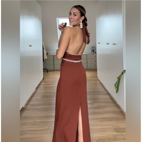 Zara Women Terracotta Embroidered Midi Dress Brown Size XS - Picture 10 of 11